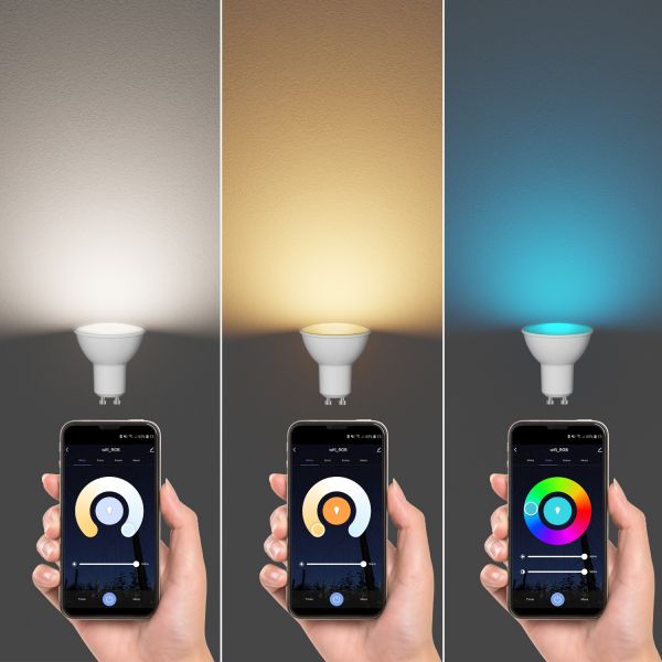 GU10 LED RGB Leuchtmittel, PAR16, warmweiß - kaltweiß (2900 - 6200 K), 5,5 W, 473lm, 103°, Smart Home, WLAN, Alexa, matt Fabrikverkauf