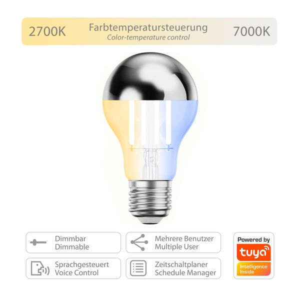 E27 LED Leuchtmittel, A60, warmweiß - kaltweiß (2700 - 7000 K), 4,8 W, 486lm, Smart Home, WLAN, Alexa, Kopfspiegel (silber) Cyber Monday