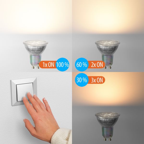 GU10 LED Leuchtmittel, PAR16, warmweiß (2800 K), 6,3 W, 374lm, 70°, 3-Stufen-Dimmer, Reflektorspiegel (silber) VIP-Rabatte