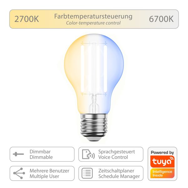 E27 LED Leuchtmittel, A60, warmweiß - kaltweiß (2700 - 6700 K), 7 W, 1005lm, Smart Home, WLAN, Alexa JETZT KAUFEN
