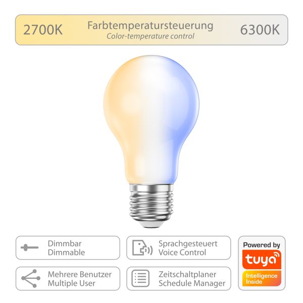 E27 LED Leuchtmittel, A60, warmweiß - kaltweiß (2700 - 6300 K), 6,7 W, 918lm, Smart Home, WLAN, Alexa, Milchglas Letzte 2 Tage