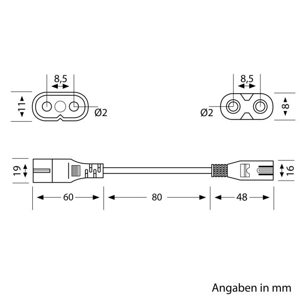 Durchleitungskabel für Stecksystem Gerätestecker C7/C8, 0,19m, weiß Outlet