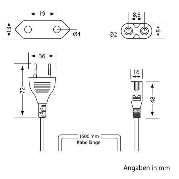 Anschlusskabel von Eurostecker Typ C auf Stecksystem Gerätestecker C7/C8, 1,5m, weiß Begrenztes Angebot