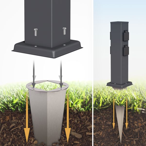 Garten-Steckdosen-Säule Polly mit Erdspieß für außen, 4-Fach, Edelstahl, eckig, 38cm (Farbe, Mit Kabel wählbar) Online Outlet