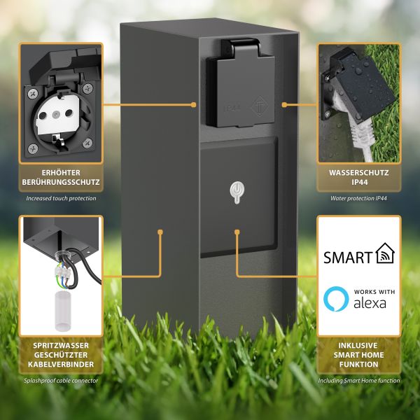 Garten-Steckdosensäule POMI mit Erdspieß für außen, IP44, Smart Home, WLAN, Alexa, 3-fach (Farbe, Mit Kabel wählbar) Super Sparpreis