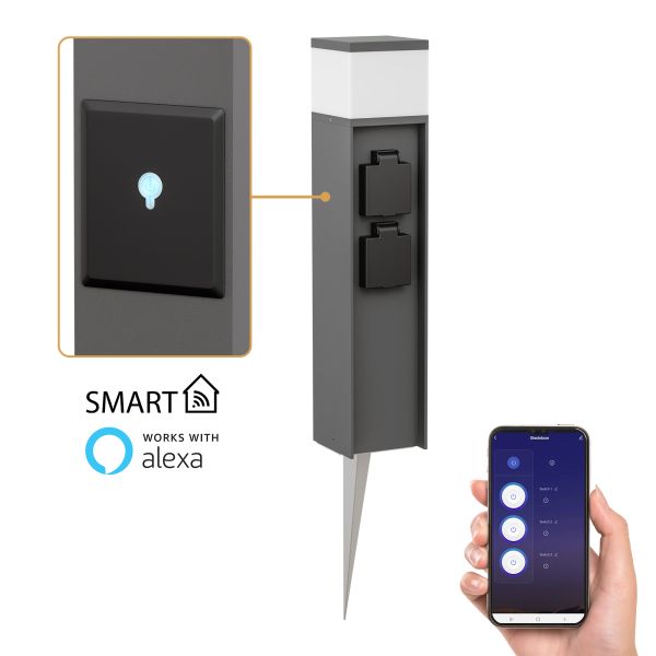 Pollerleuchte POMI mit Erdspieß für außen, Smart Home, 2 Steckdosen (Mit Kabel, Farbe, Leuchtmittel wählbar) (Farbe, Mit Kabel, Leuchtmittel wählbar) Sonderangebot der Fabrik