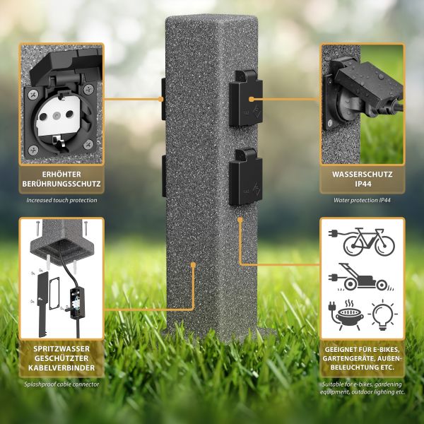 Garten-Steckdosen-Säule mit Erdspieß POCK für außen, 4-Fach, Stein-Optik, eckig, 39,5cm (Farbe, Mit Kabel wählbar) Bis zu 55% Rabatt