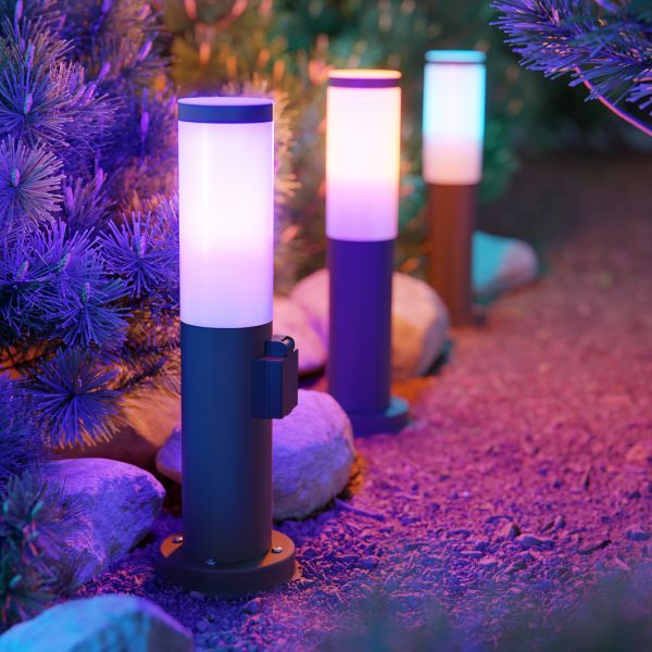 Pollerleuchte PORU mit Erdspieß für außen, edelstahl, rund, 38,5cm, Steckdose, inkl. Smart Home RGBW E27 LED Lampe, 892lm (Farbe, Mit Kabel wählbar) Super Rabatt