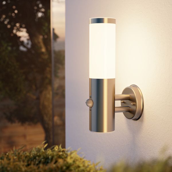 Wandleuchte PORU für außen, Edelstahl, rund, Bewegungsmelder + LED Lampe (Farbe, Leuchtmittel wählbar) Muttertagsangebot