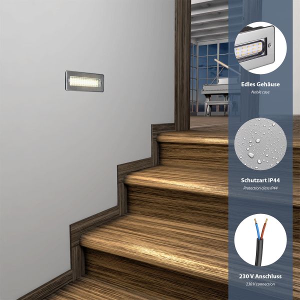 LED Treppenlicht/Wandeinbauleuchte für innen und außen, eckig, edelstahl, 198 x 61mm, 2,2 W, 248lm, warmweiß Cyber Monday