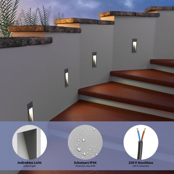 LED Treppenlicht/Wandeinbauleuchte für innen und außen, Downlight, eckig, grau, 95 x 235mm, warmweiß Vatertagsangebot