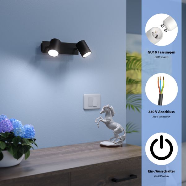 Wandspot WAIKA, zweiflammig, mit Schalter, schwarz matt, inkl. Smart Home RGBW GU10 LED Lampen je 473lm Nur für heute