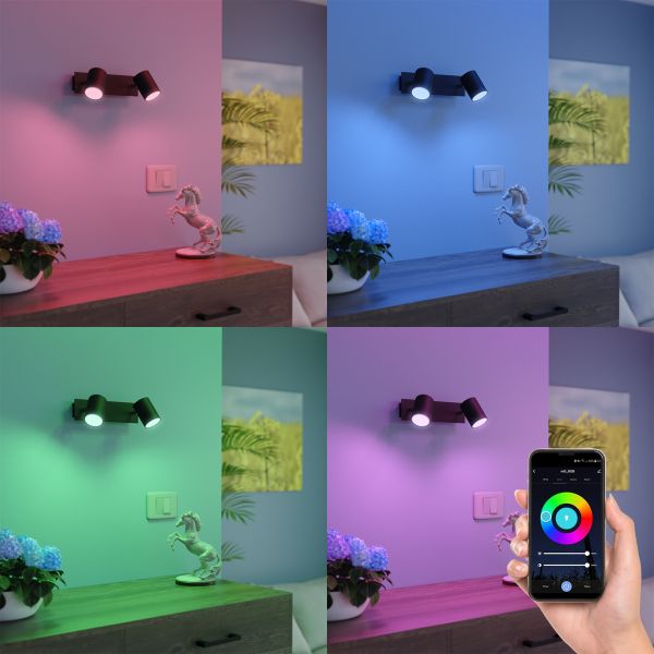 Wandspot WAIKA, zweiflammig, mit Schalter, schwarz matt, inkl. Smart Home RGBW GU10 LED Lampen je 473lm Nur für heute