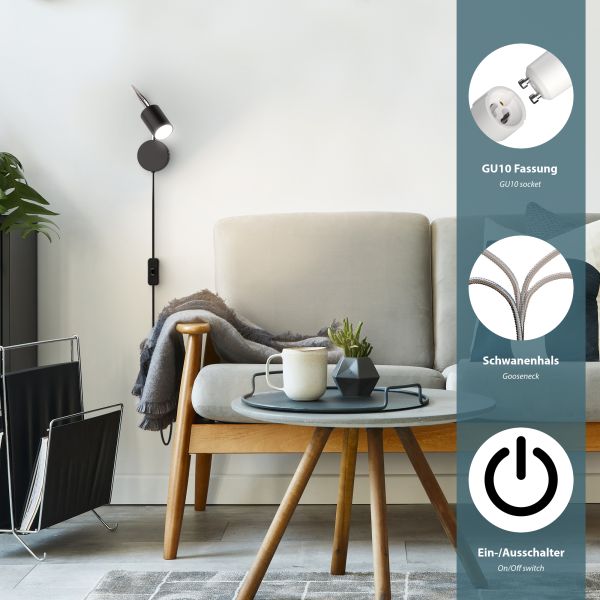 Leselampe WAIKA mit Schwanenhals, Stecker, Schalter schwarz matt, inkl. Smart Home RGBW GU10 LED Lampe, 5,41W, 473lm Sonderangebot der Fabrik