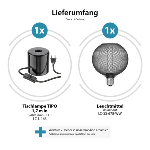Tischlampe TIPO Porzellan, Stecker, Schalter, schwarz, inkl. E27 LED, G120, extra warmweiß, 4W, 220lm Nur noch ein Tag übrig