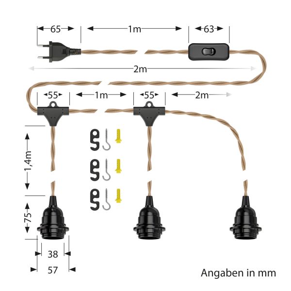 Hanf-Kabel / Textilkabel LEKA, Stecker, Schalter, beige , 8 m, Lampen-Fassung, 3x E27 max. 60W Clearance-Verkauf