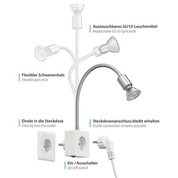 Steckdosenlampe LESCH Leselampe, chrom/weiß inkl. Smart Home GU10 LED Lampe 5,5W, 473lm Fabrikladen
