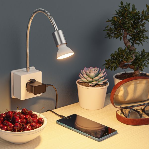 Steckdosenlampe LESCH Leselampe, chrom/weiß inkl. Smart Home GU10 LED Lampe 5,5W, 473lm Fabrikladen