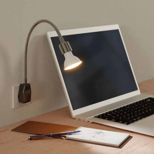 Steckdosenlampe LESCH Leselampe Schwanenhals, Schalter, Chrom inkl. Smart Home RGBW GU10 LED Lampe, 5,41W, 473lm (Farbe wählbar) Valentinstagsangebot