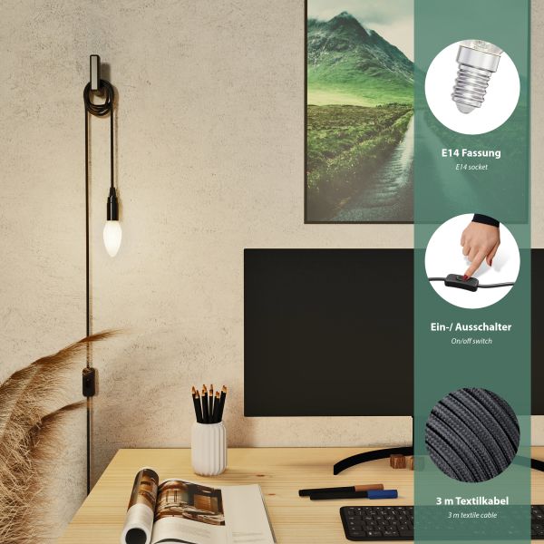Textilkabel LEHA mit Stecker und Schalter, schwarz, 3m, inkl. Smart Home RGBW E14 LED Lampe, 4,925W, 572lm Letzte 3 Tage