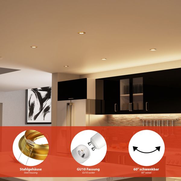 Deckeneinbaurahmen FABI, rund, schwenkbar, gold glänzend (GU10/MR16/GU5,3/50mm), PAR16, warmweiß - weiß, 5,41W, 473lm, 103°, Smart, WLAN, Alexa Letzter Tag