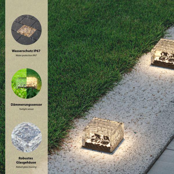 LED Solar-Pflasterstein Bodeneinbauleuchte BROSLO mit Erdspieß für außen, Glas, 10 x 10cm, warmweiß Kostenlose Rückgabe