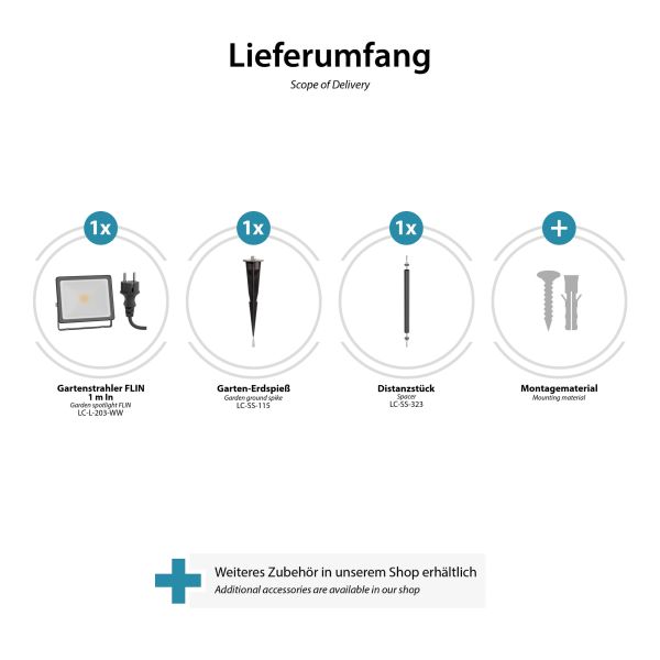 LED Gartenstrahler FLIN mit Erdspieß, 40cm Sockel & Stecker für außen, schwarz, Scheinwerfer, IP66 wasserfest, 10,93W 837lm warm-weiß zollfrei