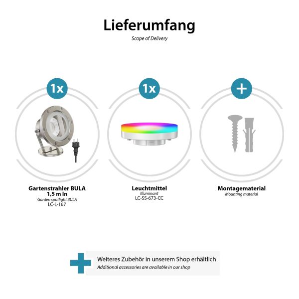 Gartenstrahler BULA für außen, Edelstahl + RGB Leuchtmittel warmweiß - kaltweiß (2900 - 6200) Günstiger Verkauf