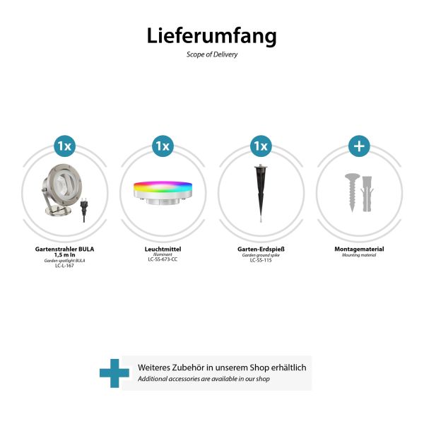 Gartenstrahler BULA mit Erdspieß für außen, Edelstahl + RGB Leuchtmittel warmweiß - kaltweiß (2900 - 6200) Fabrikverkauf