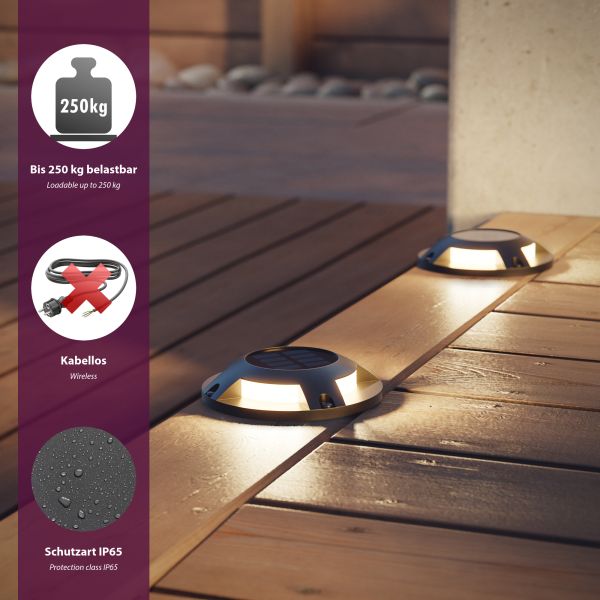 LED Solar-Bodenleuchte BUNSO für außen, IP65, Kunststoff, rund, 120 mm Ø, warmweiß Limitierter Zeitrabatt