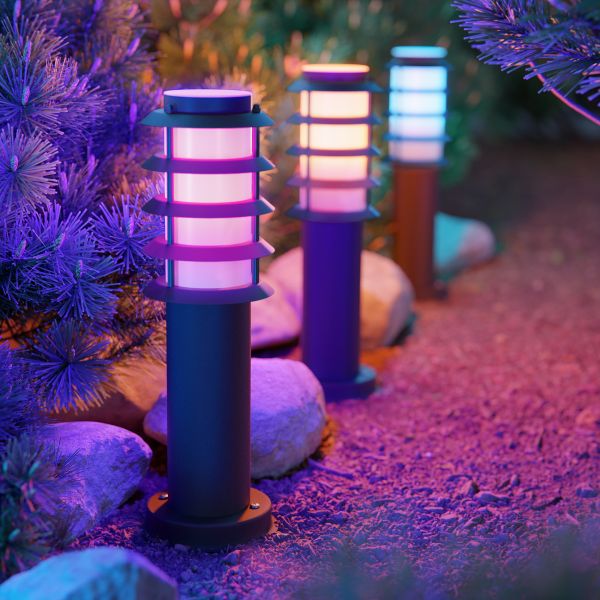 Pollerleuchte PORU Gitter mit Erdspieß für außen, Edelstahl, rund, inkl. Smart Home RGBW E27 LED Lampe, 8,89W, 892lm (Farbe, Mit Kabel wählbar) Fabrik Onlineshop