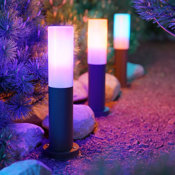 Pollerleuchte PORU, Glas, mit Erdspieß für außen, edelstahl, rund, 38,5cm, inkl. Smart Home RGBW E27 LED Lampe, 892lm (Farbe, Mit Kabel wählbar) Fabrikpreis