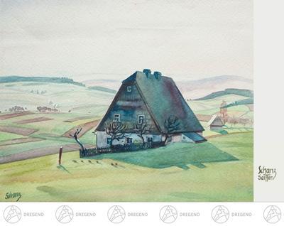 Rudolphs Schatzkiste Künstlerkarte Max Schanz Farben des Gebirges, Erzgebirgshaus Breite x Höhe ca 10,5 cmx14,8 cm
