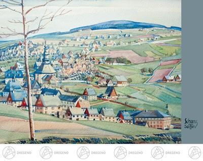 Rudolphs Schatzkiste Künstlerkarte Max Schanz Farben des Gebirges , Seiffener Dorf Breite x Höhe ca 10,5 cmx14,8 cm