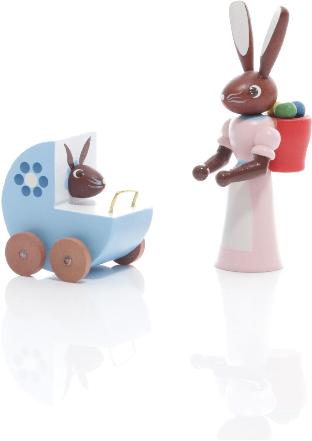 Rudolphs Schatzkiste Osterfigur - Hasenmutter mit Kinderwagen und Baby Bunt - Höhe 5cm