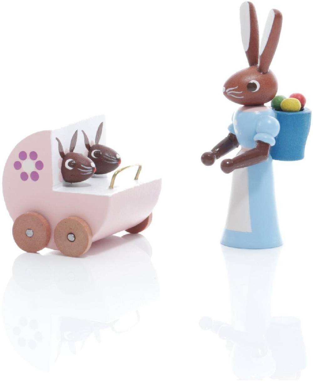 Rudolphs Schatzkiste Osterfigur - Hasenmutter mit Zwillingskinderwagen und 2 Babys Bunt - Höhe 5cm