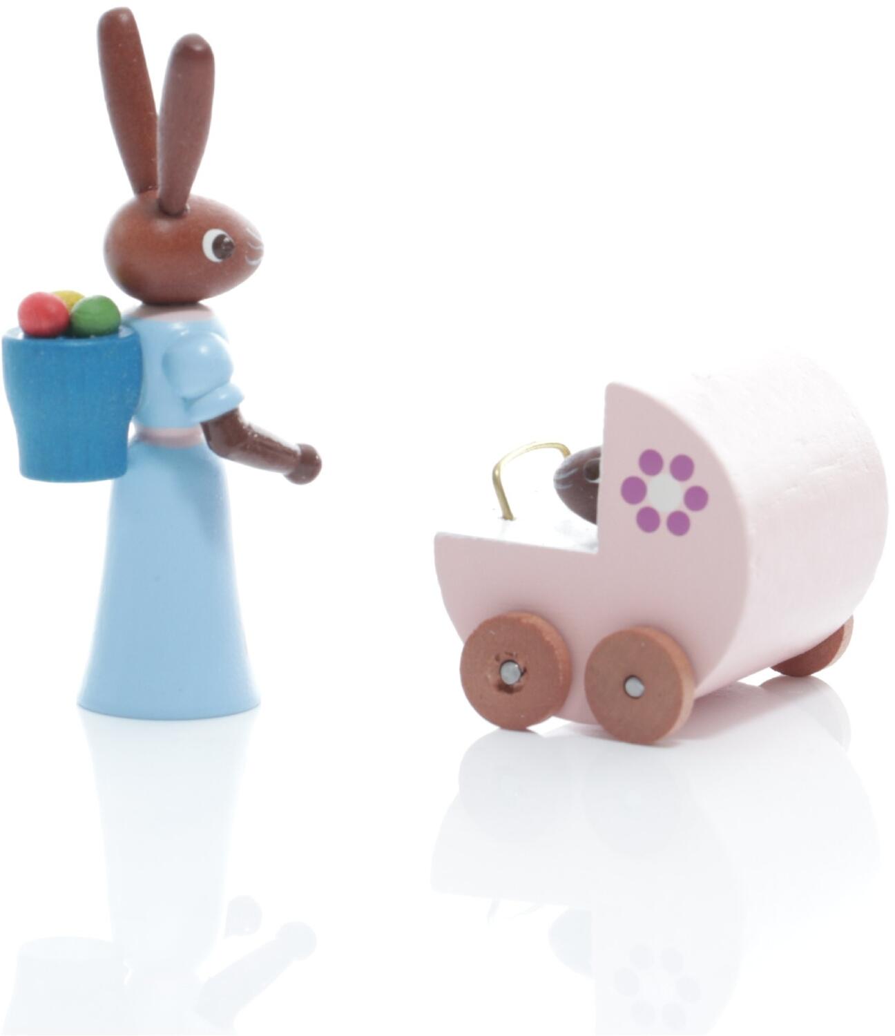 Rudolphs Schatzkiste Osterfigur - Hasenmutter mit Zwillingskinderwagen und 2 Babys Bunt - Höhe 5cm Günstiger Verkauf