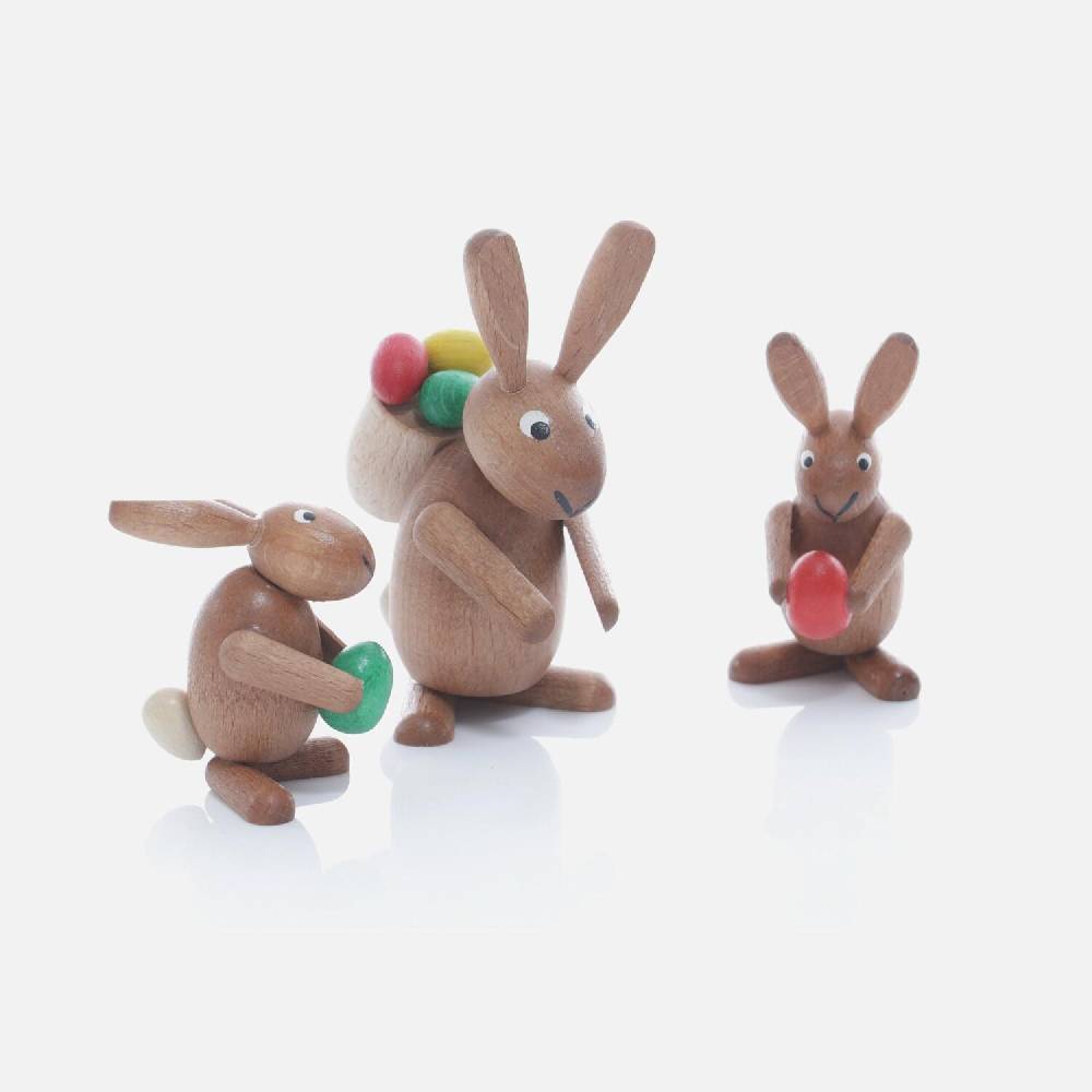Rudolphs Schatzkiste Kleine Osterhasen mit bunten Eiern aus Holz - Gruppe 3tlg. - bunt - Höhe = 5-8cm