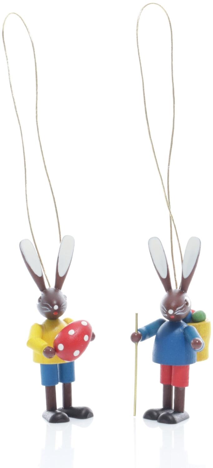 Rudolphs Schatzkiste Strauchbehang - Hasenpaar mit Wanderstock und Osterei Bunt - Höhe 5cm