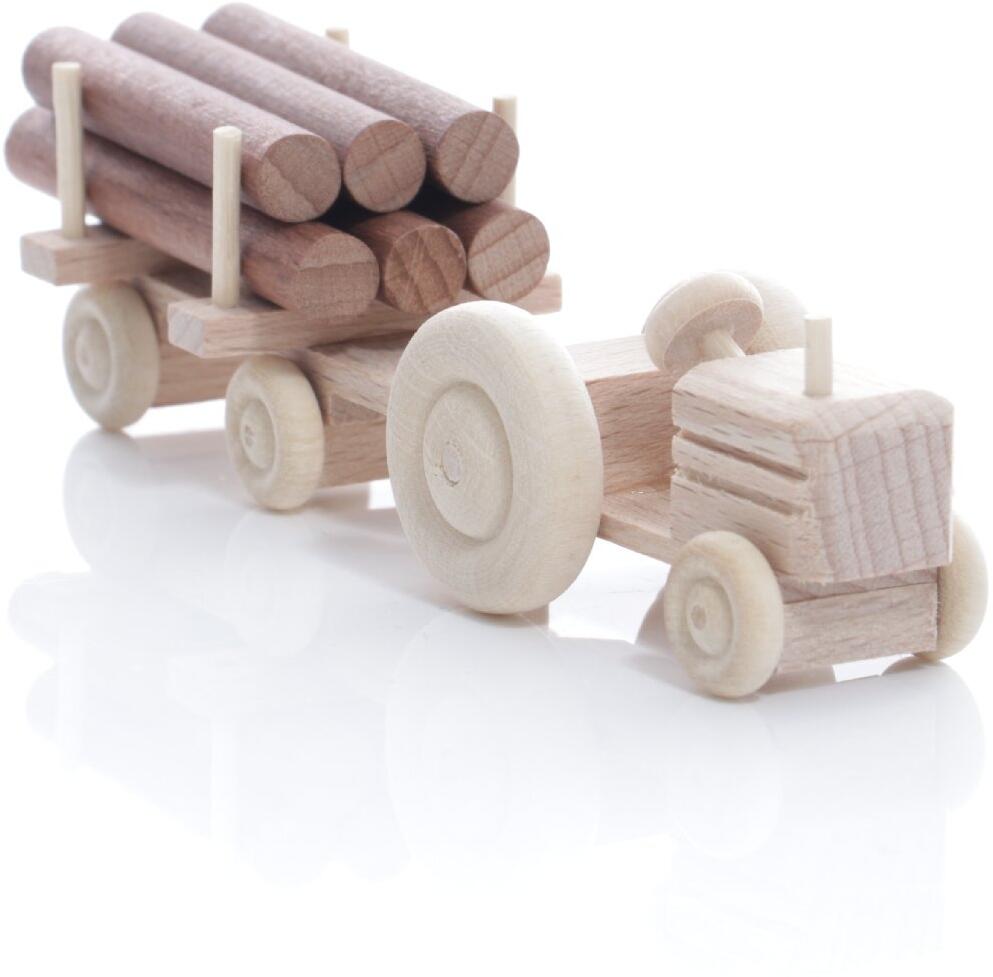 Rudolphs Schatzkiste Holzspielzeug - Miniaturfahrzeug Traktor mit Rundholz auf dem Anhänger Natur - HxBxT 3,5x7,5x3cm Speichern exportieren
