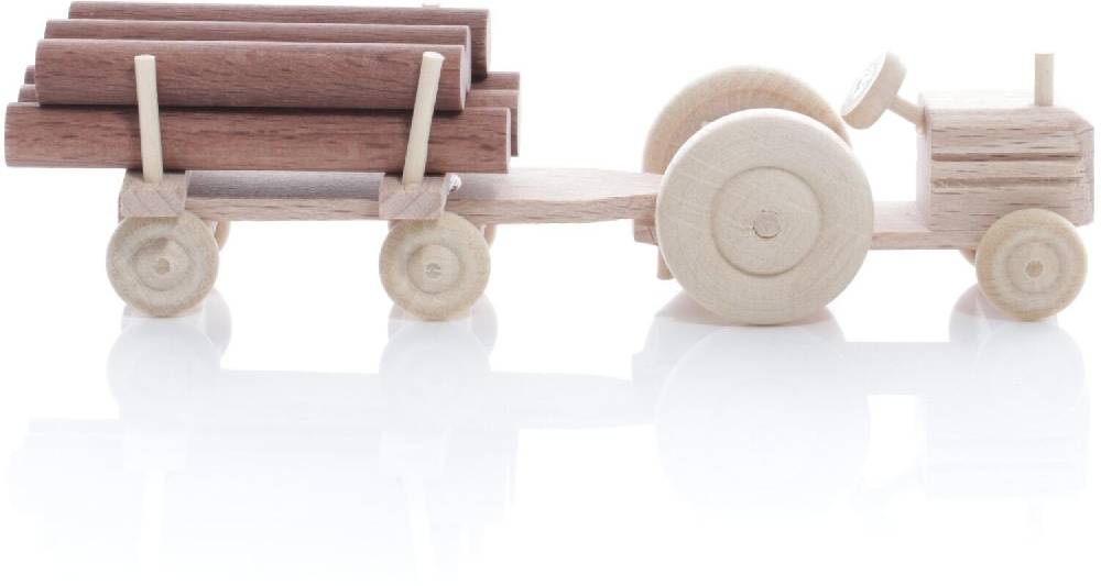 Rudolphs Schatzkiste Holzspielzeug - Miniaturfahrzeug Traktor mit Rundholz auf dem Anhänger Natur - HxBxT 3,5x7,5x3cm Speichern exportieren