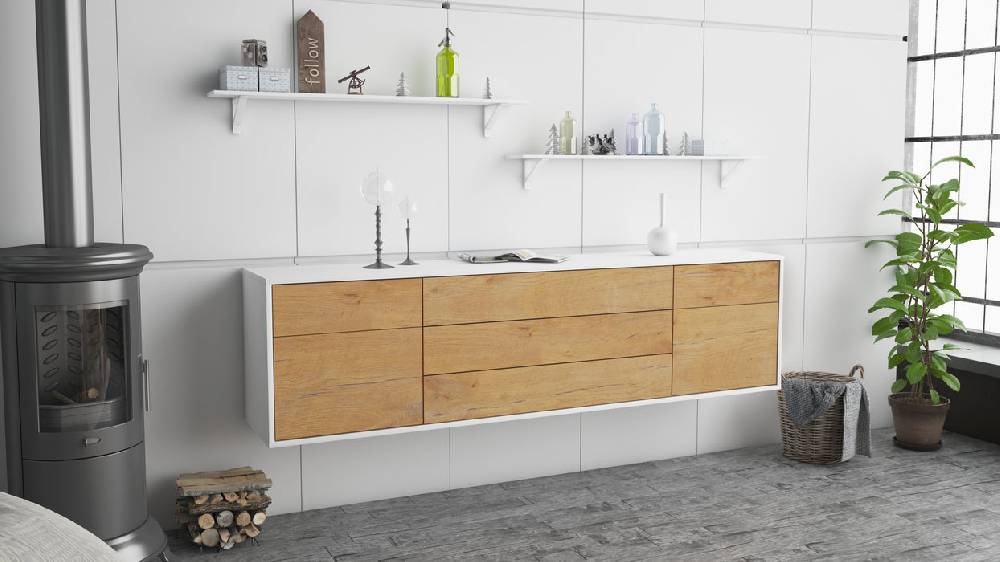 Stil Zeit Möbel Lowboard Orlando, Eiche, hängend (180x49x35cm) Räumungsverkauf