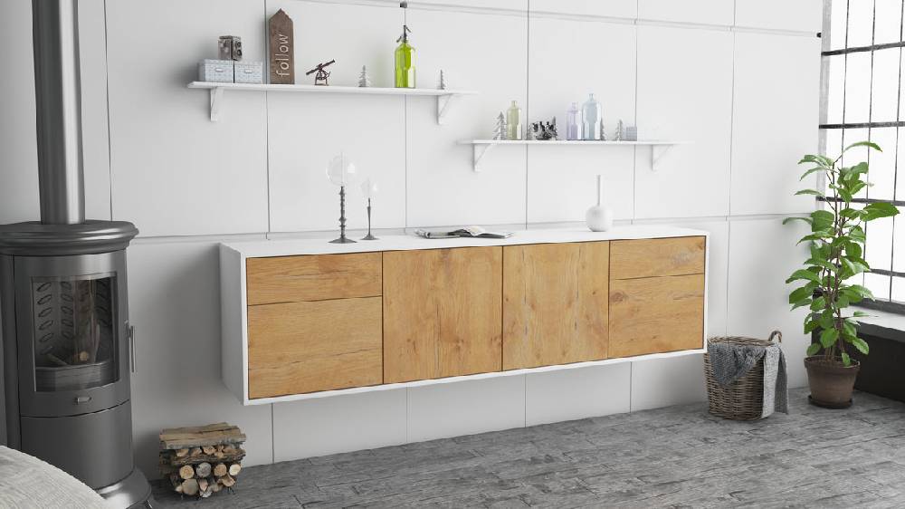 Stil Zeit Möbel Lowboard Madison, Eiche, hängend (180x49x35cm) Kostenloser Versand international