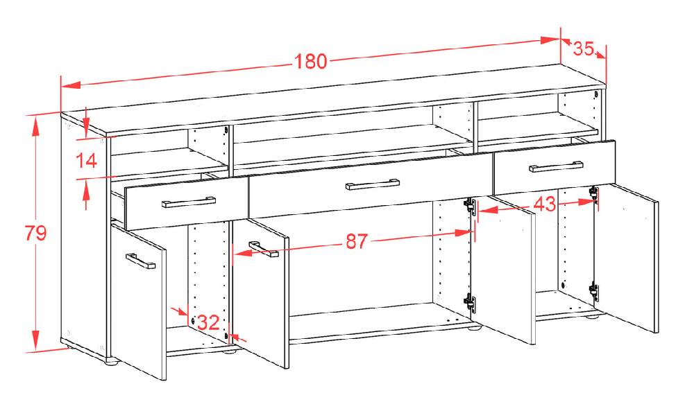 Stil Zeit Möbel Sideboard Ezia, Schwarz mit Griffen (180x79x35cm) Meist gekauft