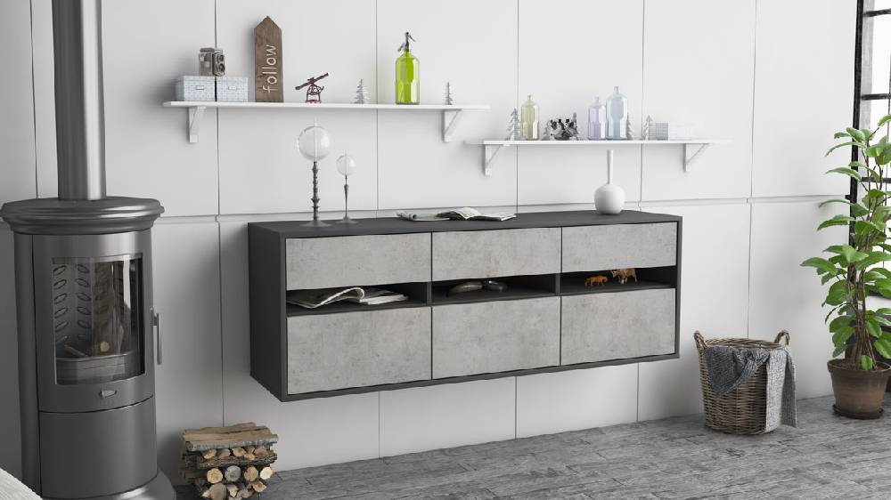 Stil Zeit Möbel Lowboard Raleigh, Beton, hängend (136x49x35cm) Exklusive Angebote