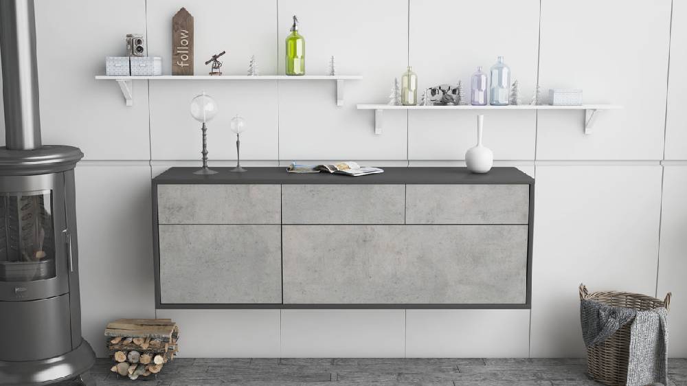 Stil Zeit Möbel Lowboard Tulsa, Beton, hängend (136x49x35cm) Blitzangebot