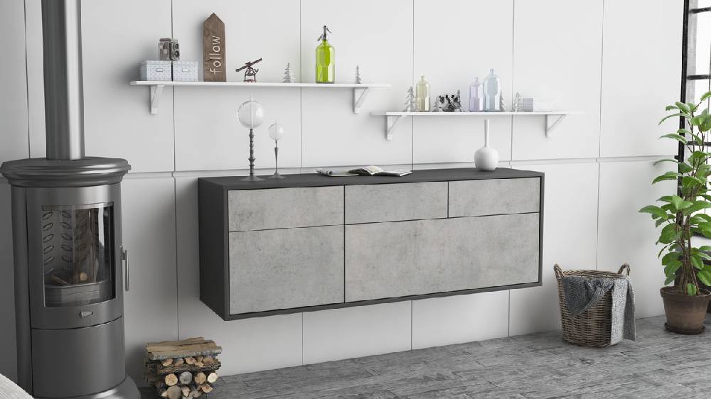 Stil Zeit Möbel Lowboard Tulsa, Beton, hängend (136x49x35cm) Blitzangebot