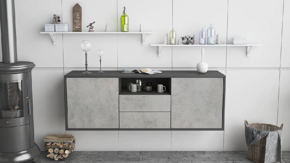 Stil Zeit Möbel Lowboard Tucson, Beton, hängend (136x49x35cm) Räumungsverkauf