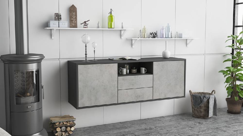 Stil Zeit Möbel Lowboard Tucson, Beton, hängend (136x49x35cm) Räumungsverkauf
