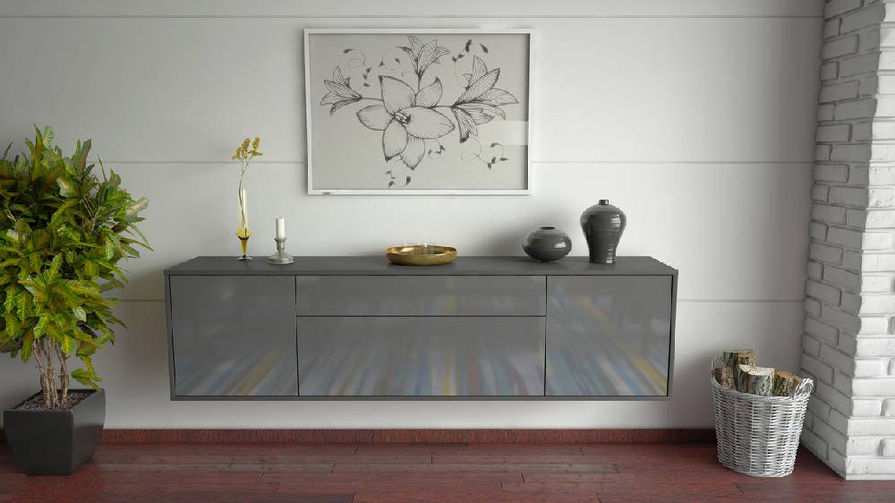 Stil Zeit Möbel Lowboard Aurora, Grau, hängend (180x49x35cm) Kostenloser Versand